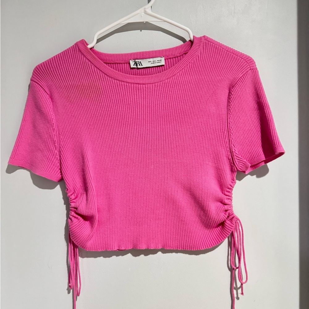 Zara Pink Ruched Crop T-Shirt